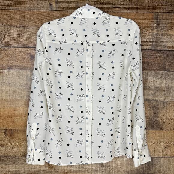 Hobbs London White Button Down Top Polka Dot Dog Print Long Sleeve Size 10 - Picture 5 of 9